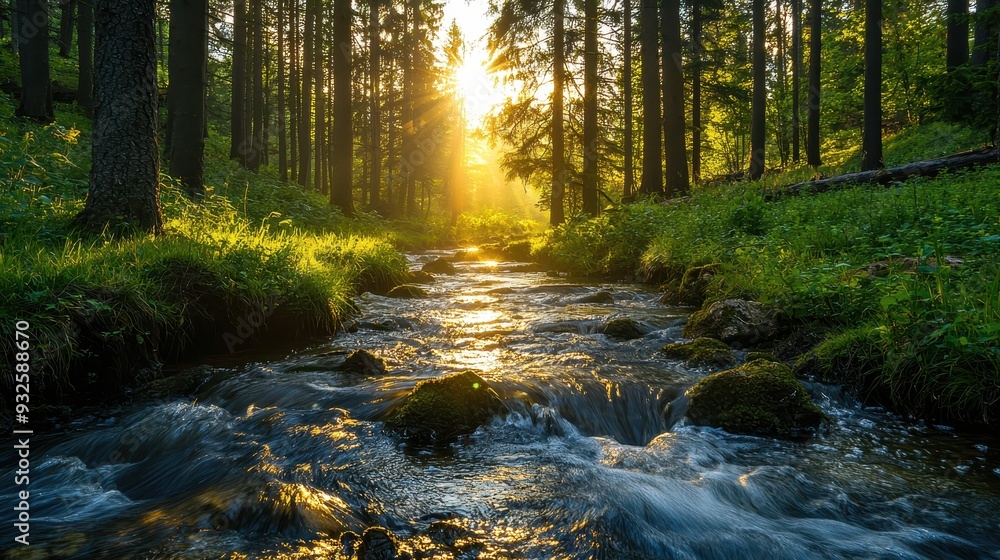 Poster sunbeams through trees illuminating forest stream