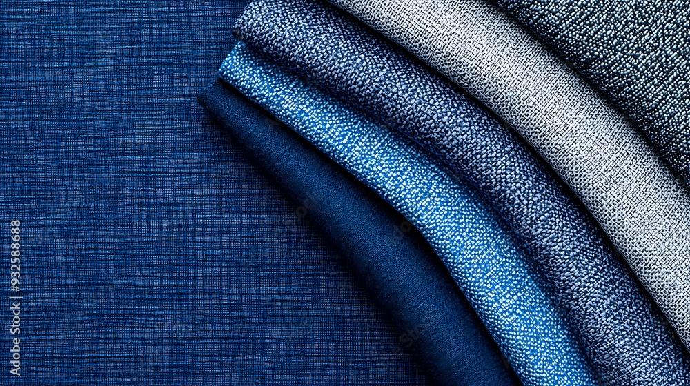 Poster take turns close-up focus on blue fabric swatches with varied textures laid out on a designer's tabl