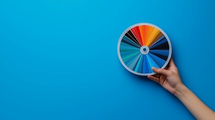 Take turns first person view hand holding a color wheel focusing on the blue hues various cool-toned samples scattered on the desk creating a balanced design environment copy space for text