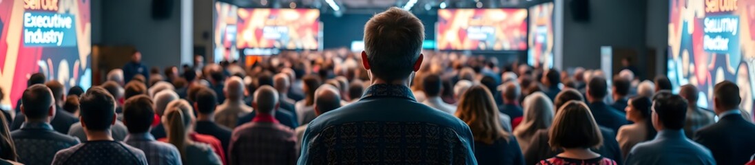 A bustling crowd of people walking down a street, captured as an audience at a convention or sold-out event, with a man sitting and facing away from the camera