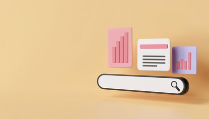 A modern search bar with colorful graphs and data representations on a beige background, ideal for digital marketing concepts.