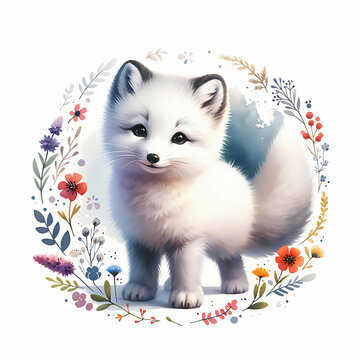 recommend clip art: Cute arctic fox pup floral watercolor illustration on white background, adorable wildlife art