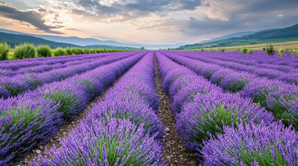 Lavender Field Rows Sunset Landscape