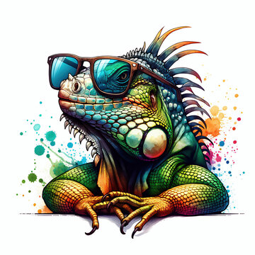 Watercolor green iguana peeking wearing sunglasses illustration