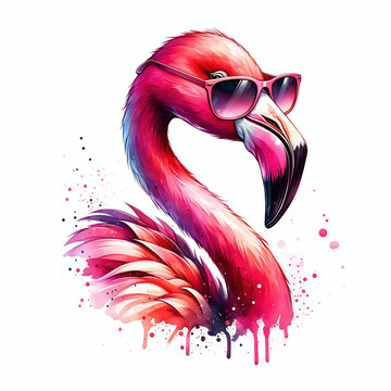 recommend clip art: Watercolor pink flamingo wearing sunglasses illustration design, colorful wildlife tropical bird portrait image on white background