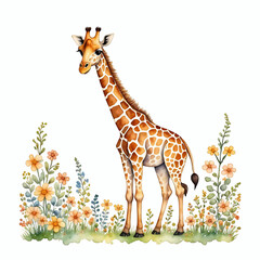 Fototapeta premium Floral giraffe illustration, cute wild giraffe surrounded by flowers 