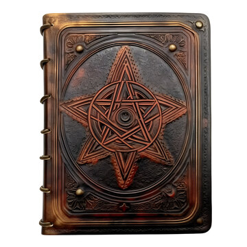 Antique Leather-Bound Spellbook with Ornate Pentagram Emblem on Cover