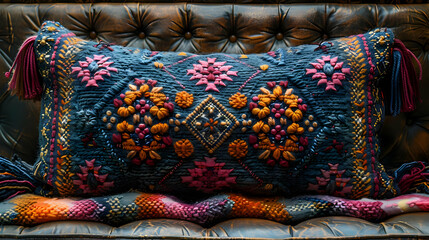 Colorful Embroidered Pillow on a Brown Leather Sofa Illustration