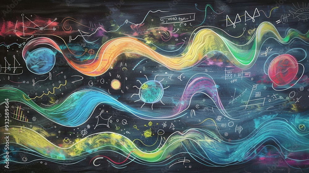 Fototapete A chalkboard displays vibrant waves of colorful chalk strokes intertwined with scientific formulas and diagrams, creating an engaging educational backdrop. Generative AI
