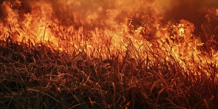 Farm field engulfed in flames Dry grass fires ignited by drought conditions and scorching temperatures Depleted water reserves exacerbate scorched earth Crop devastation as fire engulfs fiel