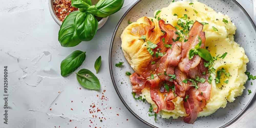 Poster fried bacon and mashed potatoes with basil rolls on a plate top view web banner