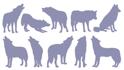 Silhouette illustrations of gray wolves isolated on transparent background
