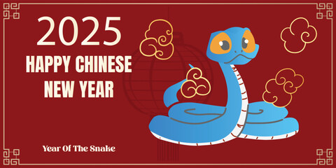 Chinese New Year 2025, the year of the snake, red and gold line art characters, simple hand-drawn Asian elements with craft (Chinese translation: Happy Chinese New Year 2025, year of the snake)