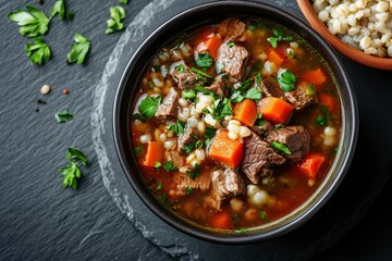 Bowl of Hearty Barley Soup with Beef and Carrots