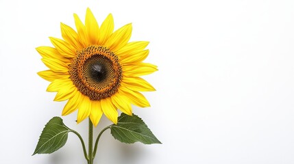 Fototapeta premium Single Sunflower Flower with Green Leaves on White Background