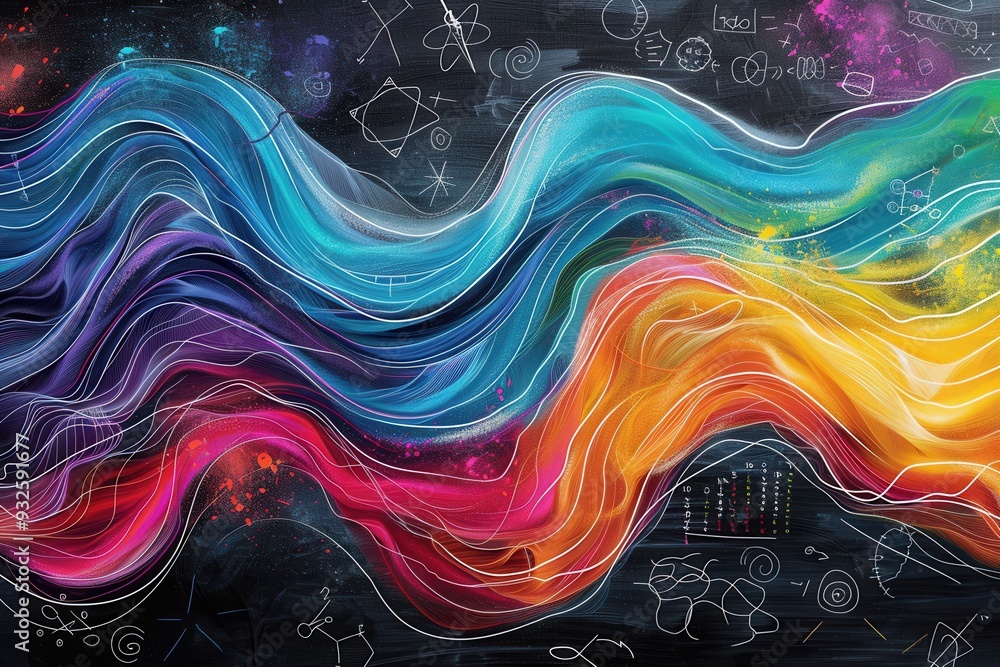 Fototapete a dynamic chalkboard artwork showcases colorful waves intertwined with scientific formulas and diagr