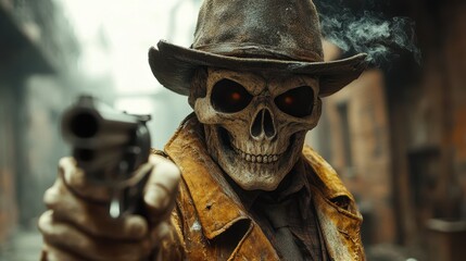 Grim Reaper Skeleton Cowboy Holding Gun