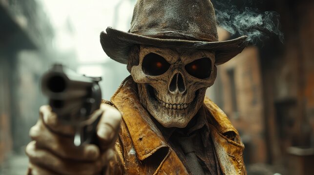Grim Reaper Skeleton Cowboy Holding Gun