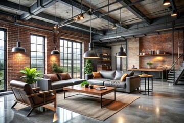Exposed brick and concrete floors create a rugged backdrop, while metal accents and industrial elements infuse the space with a raw, masculine energy.