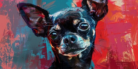 Digital artwork depicting an elderly black Chihuahua mix with prominent ears and a smooth coat featuring bold white patterns, offering a view into a dog's ideal world.