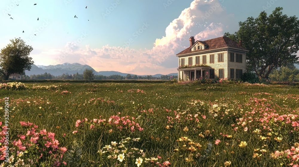 Wall mural Countryside Home with Flowers and Mountains