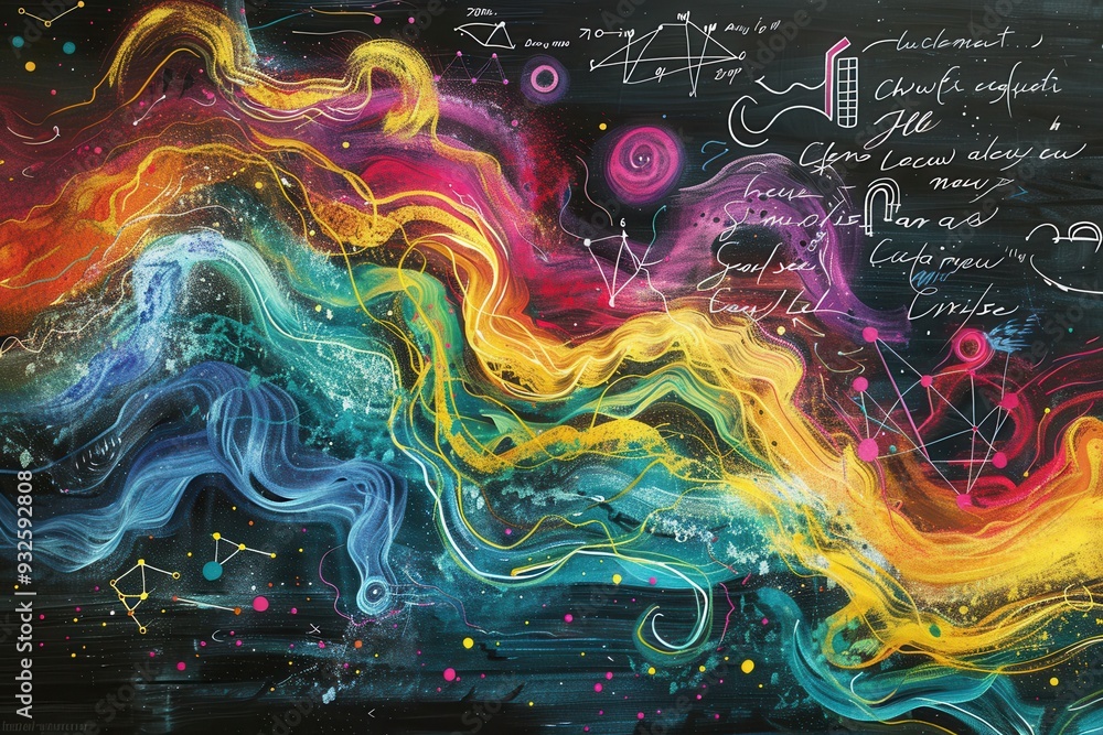 Fototapete vibrant chalk waves interweave with scientific diagrams and formulas on a blackboard, showcasing cre
