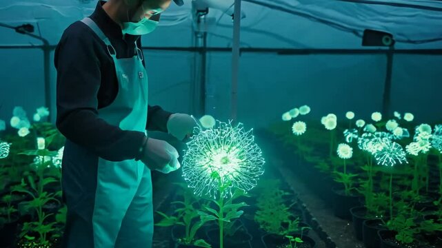 Person Caring for Plants Under Blue Light in Greenhouse at Night Generative AI