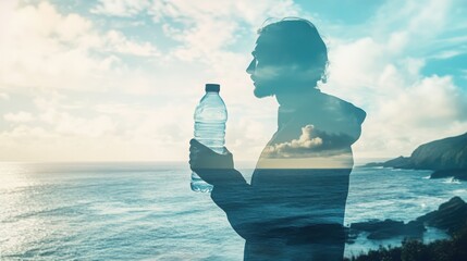 Eco-conscious individual, embracing sustainability, merging with serene ocean waves, highlighting the importance of clean water and environmental awareness, blank area for impactful messaging