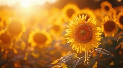 Naklejka premium Sunlit Sunflower Field at Sunset Summer Bloom Golden Yellow Flowers