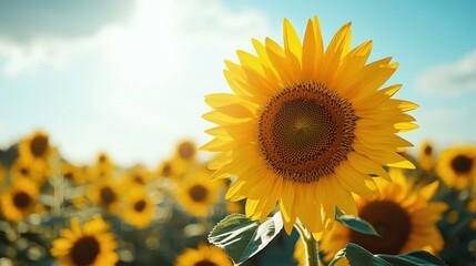 Obraz premium Vibrant Yellow Sunflower Field in Summer with Blue Sky