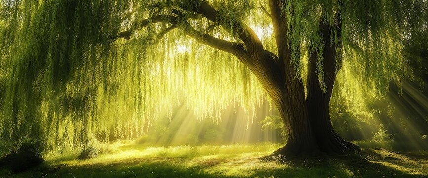 Majestic weeping willow tree bathed in golden sunlight, with long branches and lush green foliage, creating a serene and magical forest atmosphere.