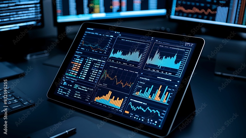 Poster semi close-up of a tablet displaying colorful financial charts and graphs, illustrating budget contr