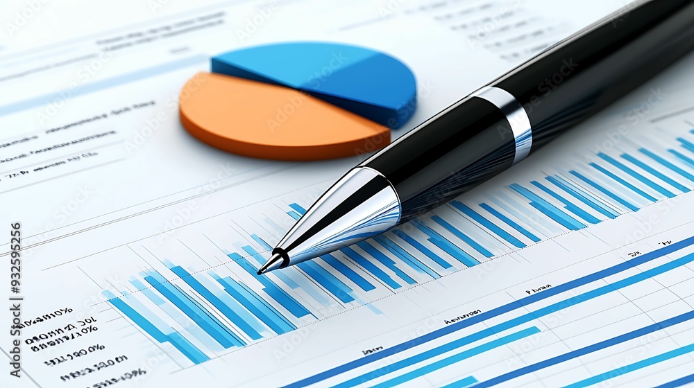 Poster close-up of a pen marking a financial report with pie charts and balance sheets, symbolizing precise