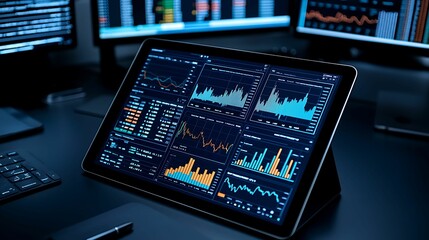 Obraz premium semi close-up of a tablet displaying colorful financial charts and graphs, illustrating budget control and forecasting accuracy, copy space for text,