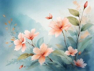 watercolor background with flowers	and leaves