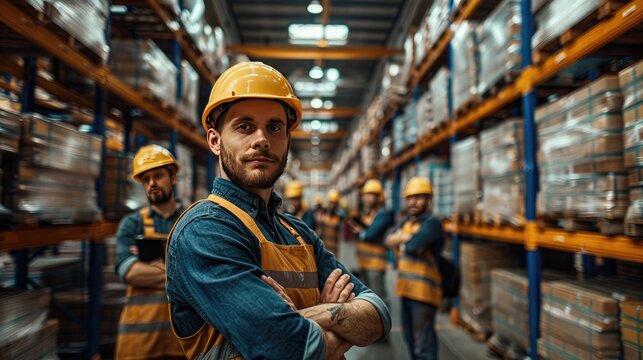 full team of warehouse employees standing in warehouse team of workers managers female director in modern industrial factory heavy industry manufactrury