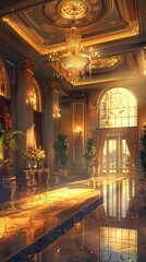 The opulent hotel interior showcases ornate chandeliers, plush furnishings, and a shimmering floor reflecting warm evening light