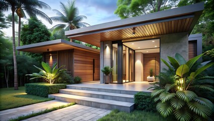 Modern Tropical House Entrance with Palm Trees and Lush Greenery.