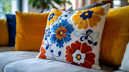 Floral Embroidered Pillow on White Couch - Illustration