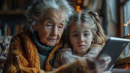 Obraz premium grandmother,cute girl scrolling,tablet girl teaching senior woman to work,technology internet portrait of elderly woman spending time,granddaughter