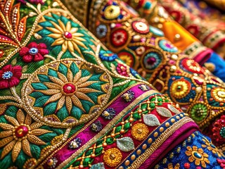 Exquisite Indian embroidery unfolds with intricate motifs and vibrant threads, masterfully weaving artistry and craftsmanship into each meticulously crafted fabric.