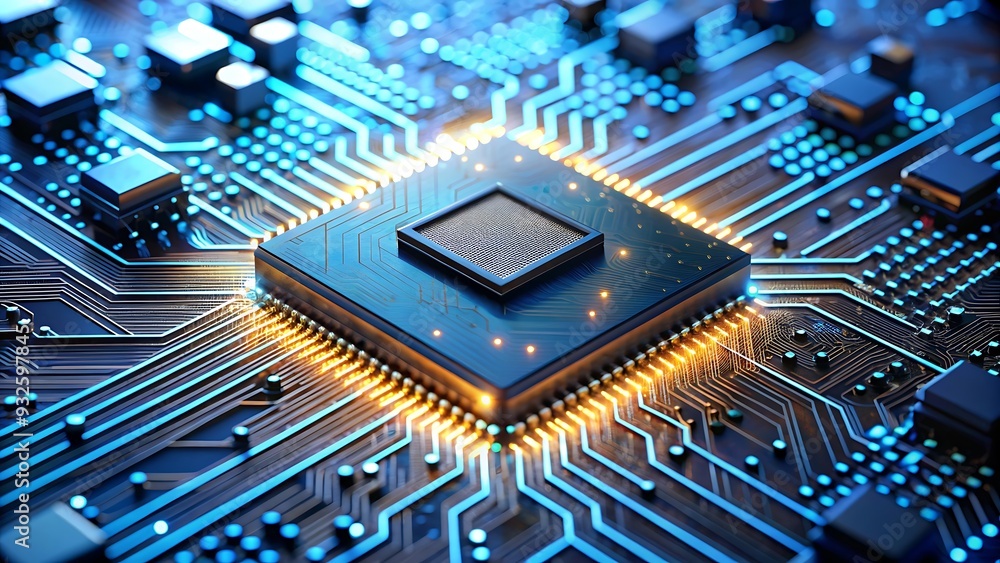 Poster glowing cpu processor on motherboard.