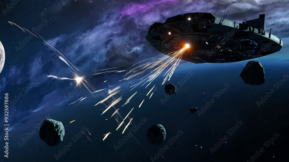 Poster spaceship firing at asteroids in distant galaxy during unknown battle generative ai