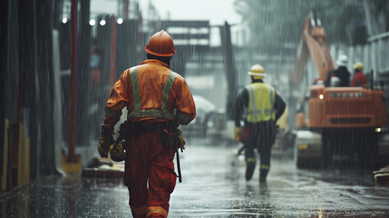 Determined Builders Working Through a Storm with Rugged Safety Equipment