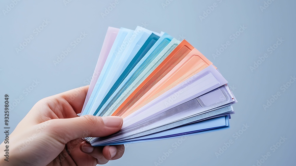 Poster semi close-up of a hand sorting through a bundle of colorful coupons each one representing a customi