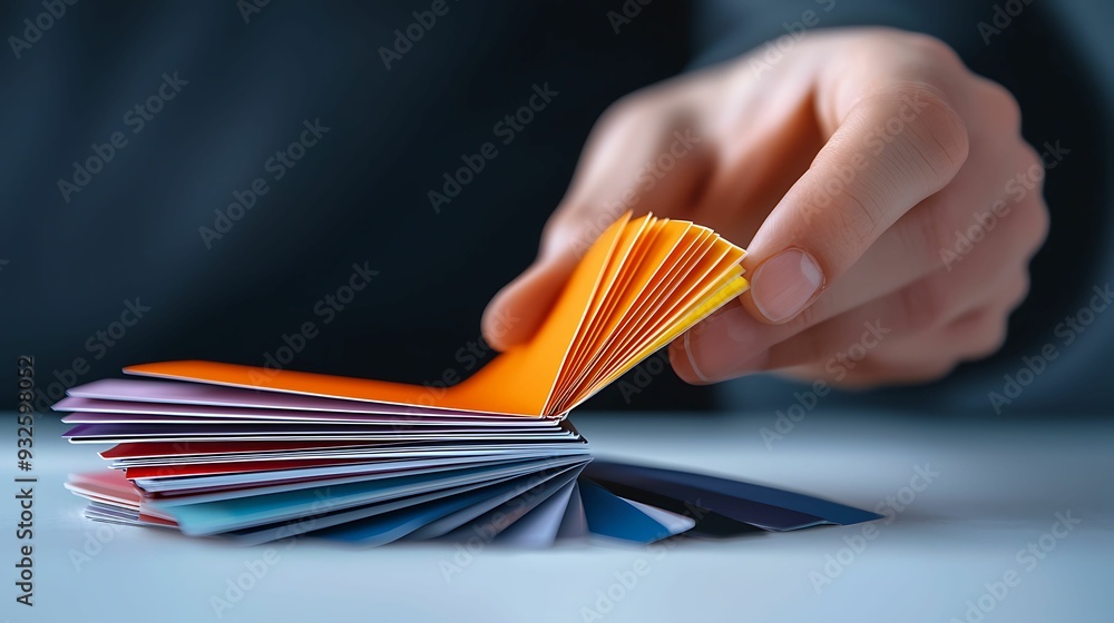 Poster semi close-up of a hand sorting through a bundle of colorful coupons each one representing a customi