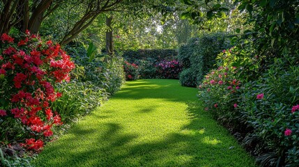 Lush Green Garden Path with Vibrant Red and Pink Flowers