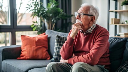 Fototapeta premium Thoughtful Senior Man Sitting On Sofa.