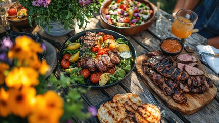 Fototapeta premium Grilled Steak and Salad Dinner on Wooden Table with Flowers