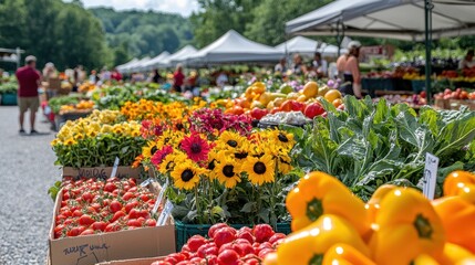 Fresh Produce at a Farmers Market with Yellow Bell Peppers and Sunflowers